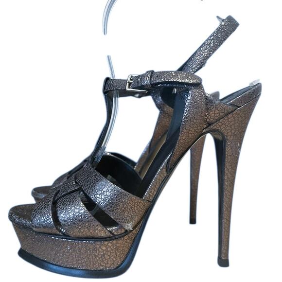 Saint Laurent Tribute Pewter Silver Embossed Leather Platform High Heels  38 - Picture 12 of 12